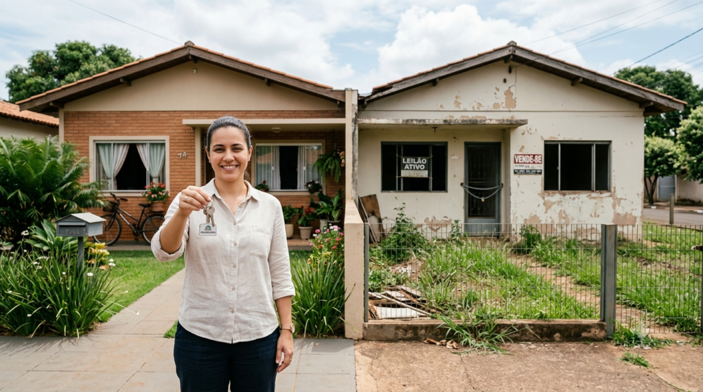 Imóvel residencial com faixa de leilão na fachada, ilustrando disputa entre imóvel ocupado e desocupado