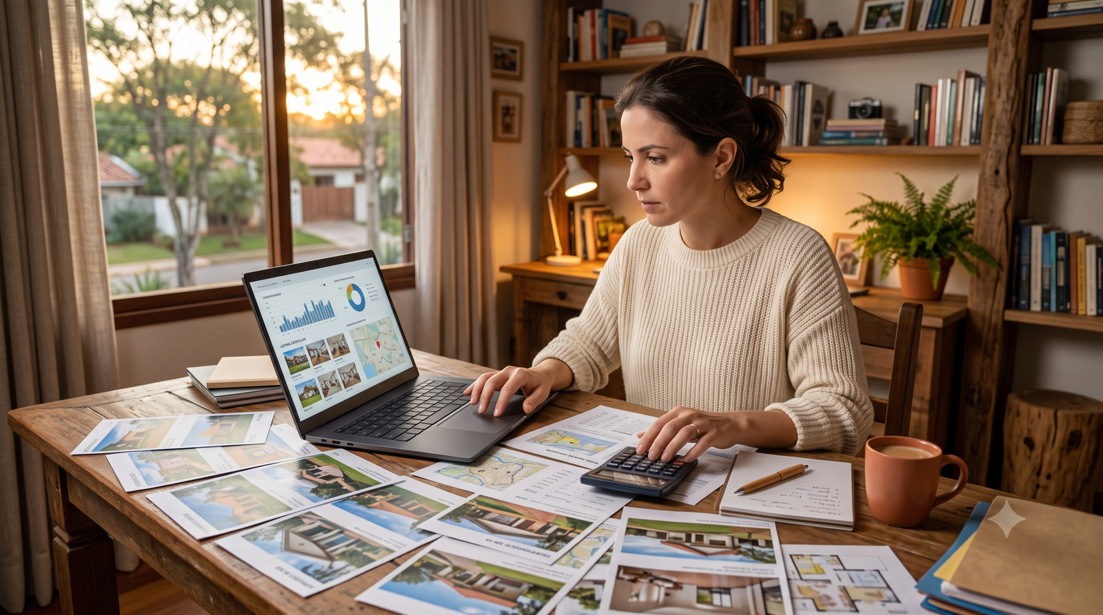 Mulher analisando gráficos e fotos de imóveis em notebook com papéis na mesa