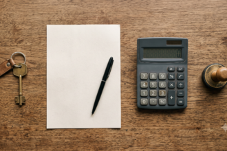 Calculadora, papel em branco, caneta e carimbo sobre mesa de madeira