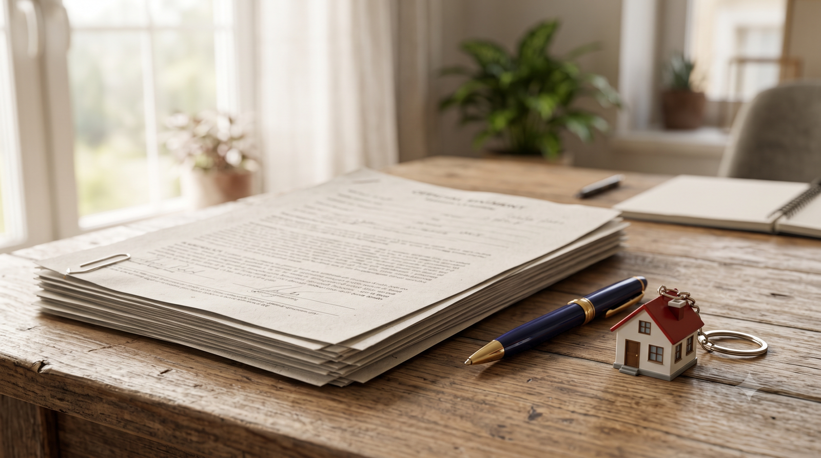Linha do tempo completa de pagamentos: contrato assinado, caneta e chaveiro sobre mesa