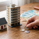Miniaturas de casa e predio ao lado de moedas e notas de dinheiro