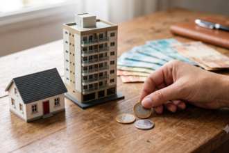 Miniaturas de casa e predio ao lado de moedas e notas de dinheiro