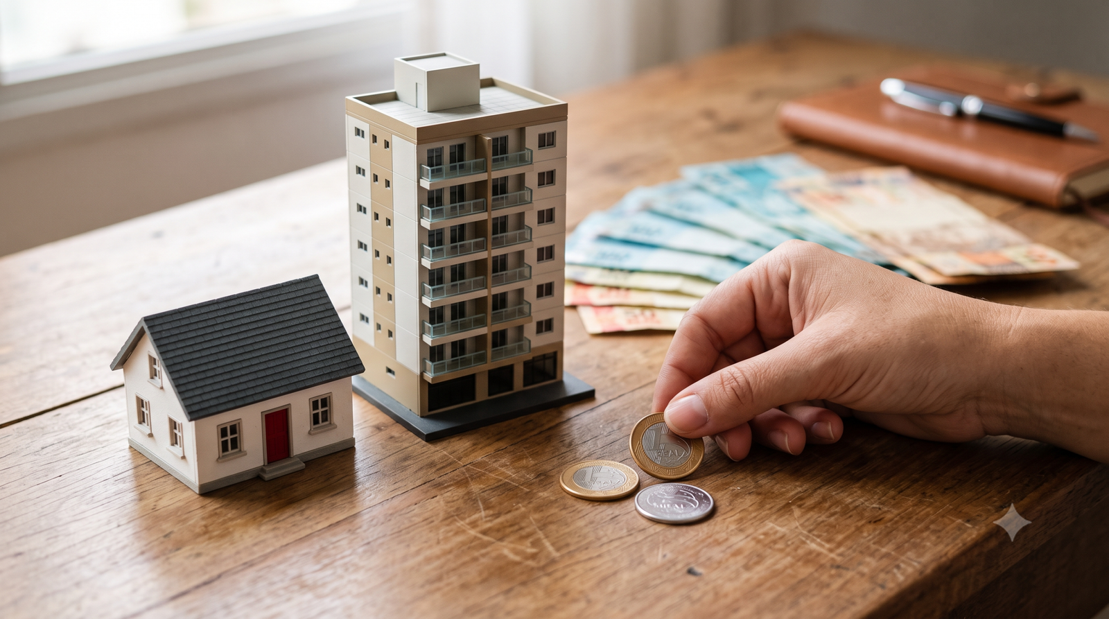 Custos de documentação e ITBI em leilão: miniaturas de casa e prédio com moedas
