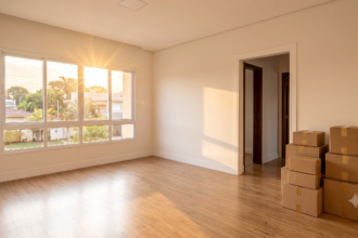 Sala vazia de imovel com caixas de mudanca empilhadas