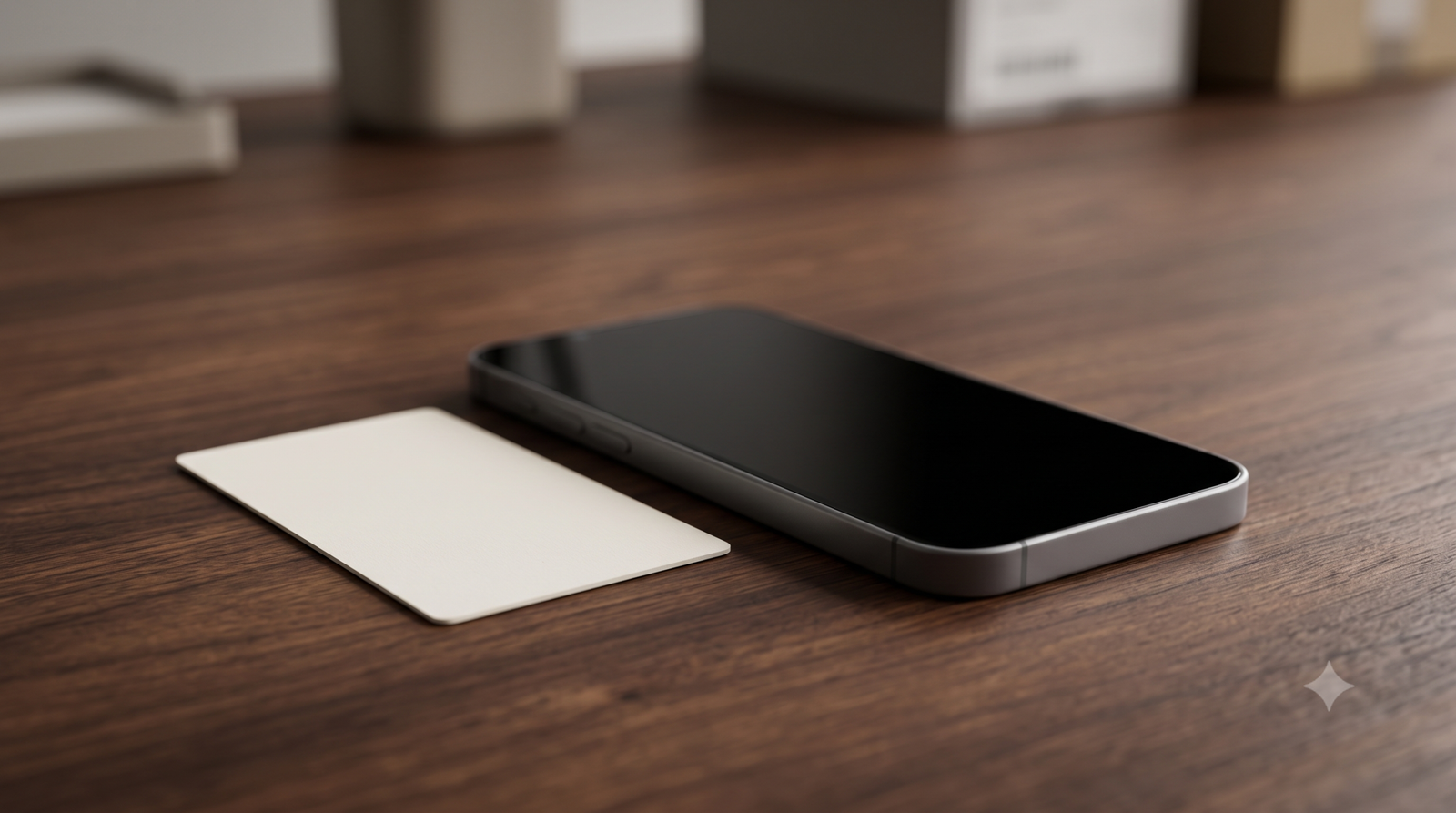 Leilão de iphone da receita federal: smartphone com tela desligada sobre mesa de madeira, representando um aparelho apreendido aguardando leilão