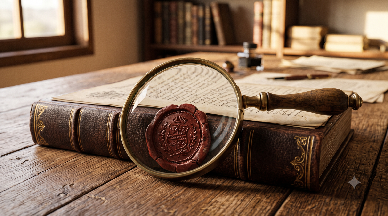 Como ler a matrícula de um imóvel de leilão: lupa sobre livro antigo com selo de lacre