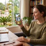 Mulher consultando portal do governo no computador em home office