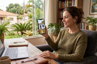 Mulher consultando portal do governo no computador em home office