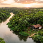 Vista aerea de casa isolada em meio a mata nativa e rio