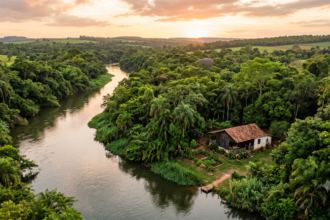 Vista aerea de casa isolada em meio a mata nativa e rio