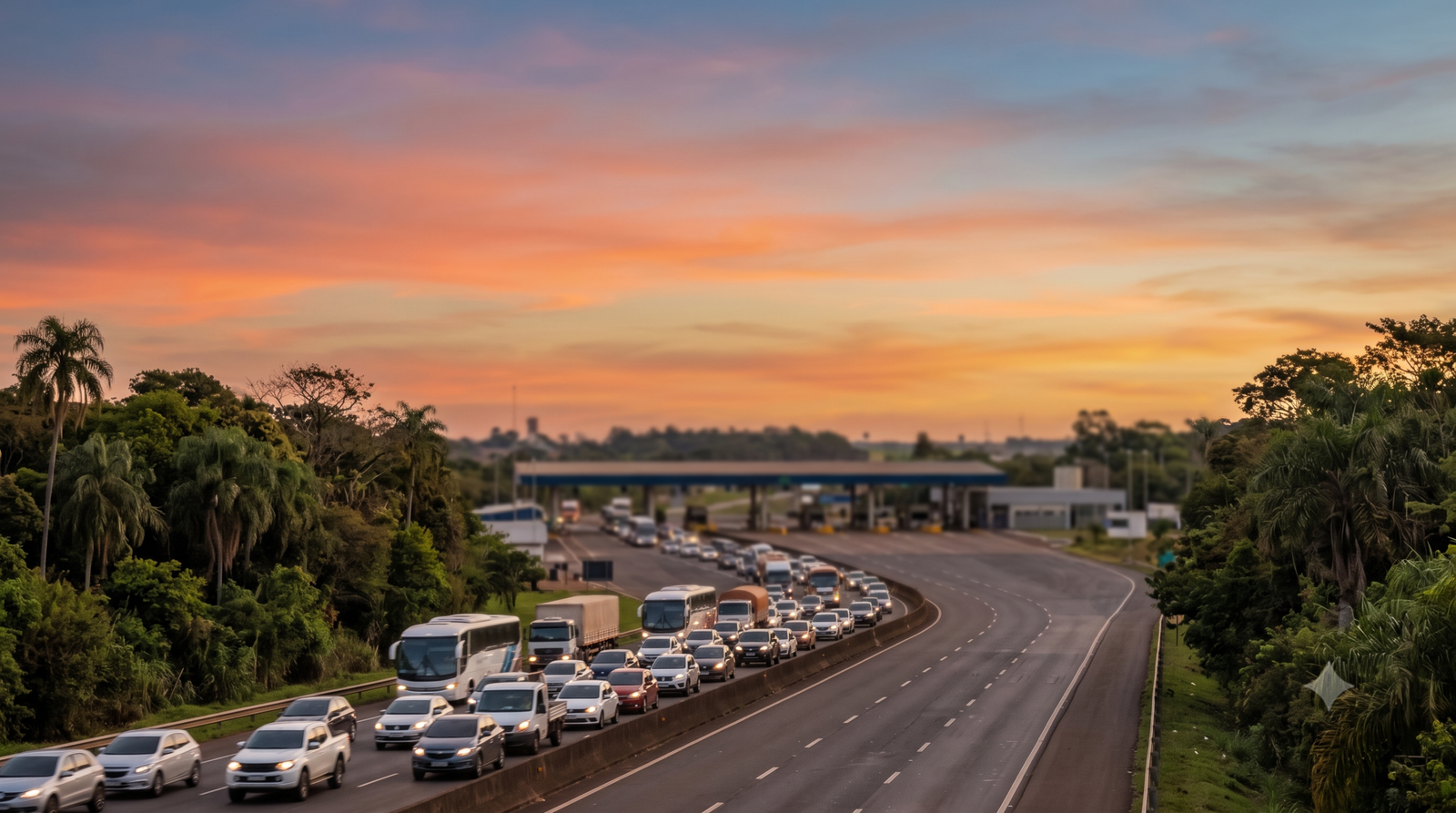 Leilão da receita federal em foz do iguaçu: fila de veículos em rodovia de fronteira próxima a posto de fiscalização, representando a fiscalização aduaneira em Foz do Iguaçu