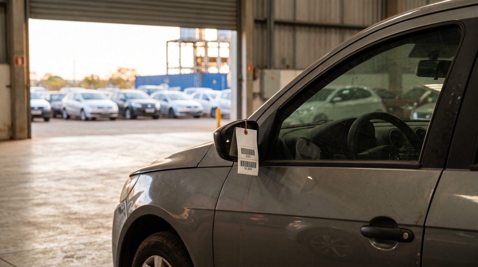 Carro com etiqueta de identificacao presa ao retrovisor em patio de leilao