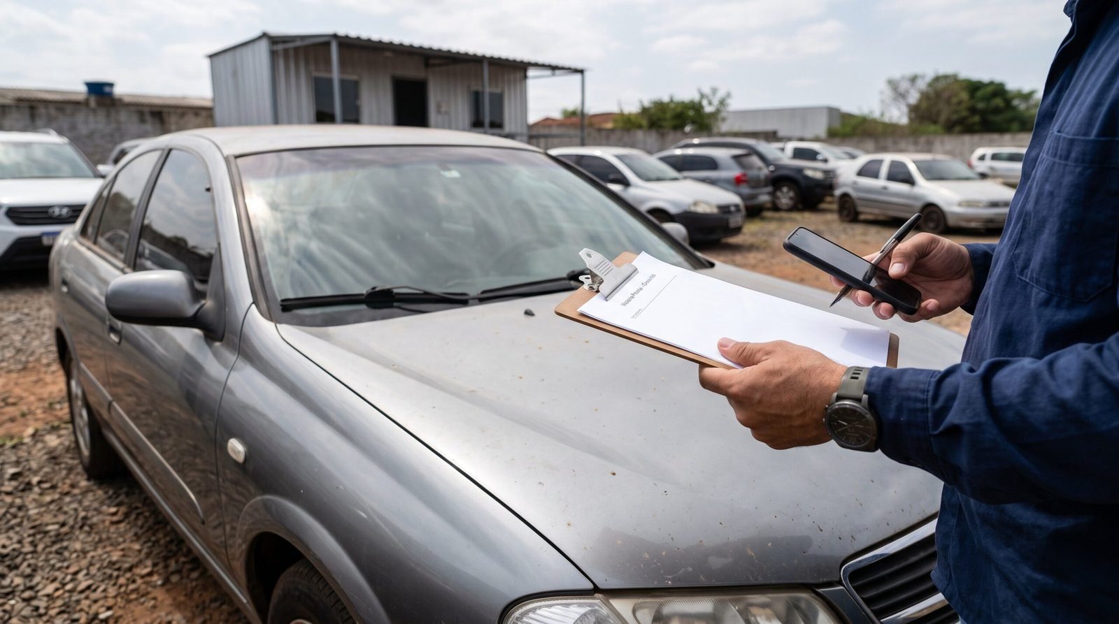 Vistoriador fotografando a lataria de um carro com prancheta