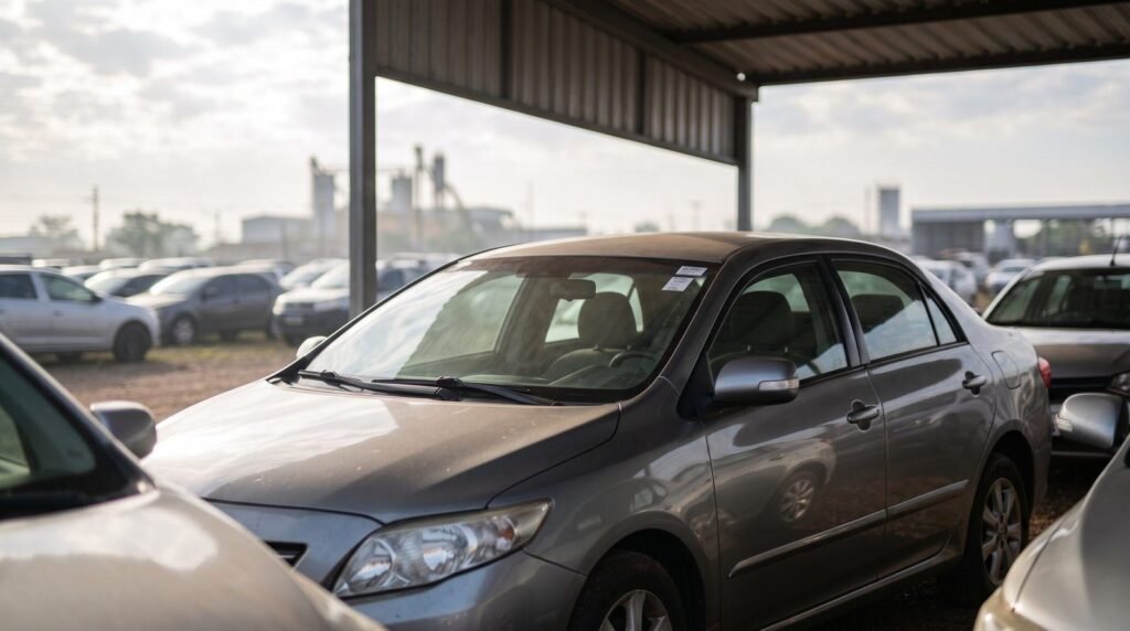 Carro sedan prateado com etiqueta de identificacao em patio de leilao