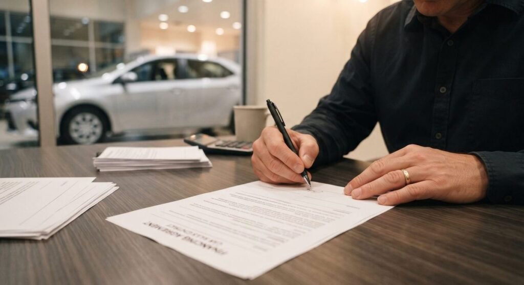 Pessoa assinando contrato de financiamento em concessionária