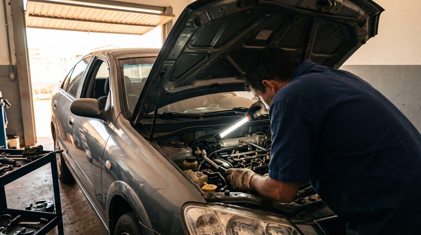 Mecanico inspecionando motor de carro com lanterna em oficina