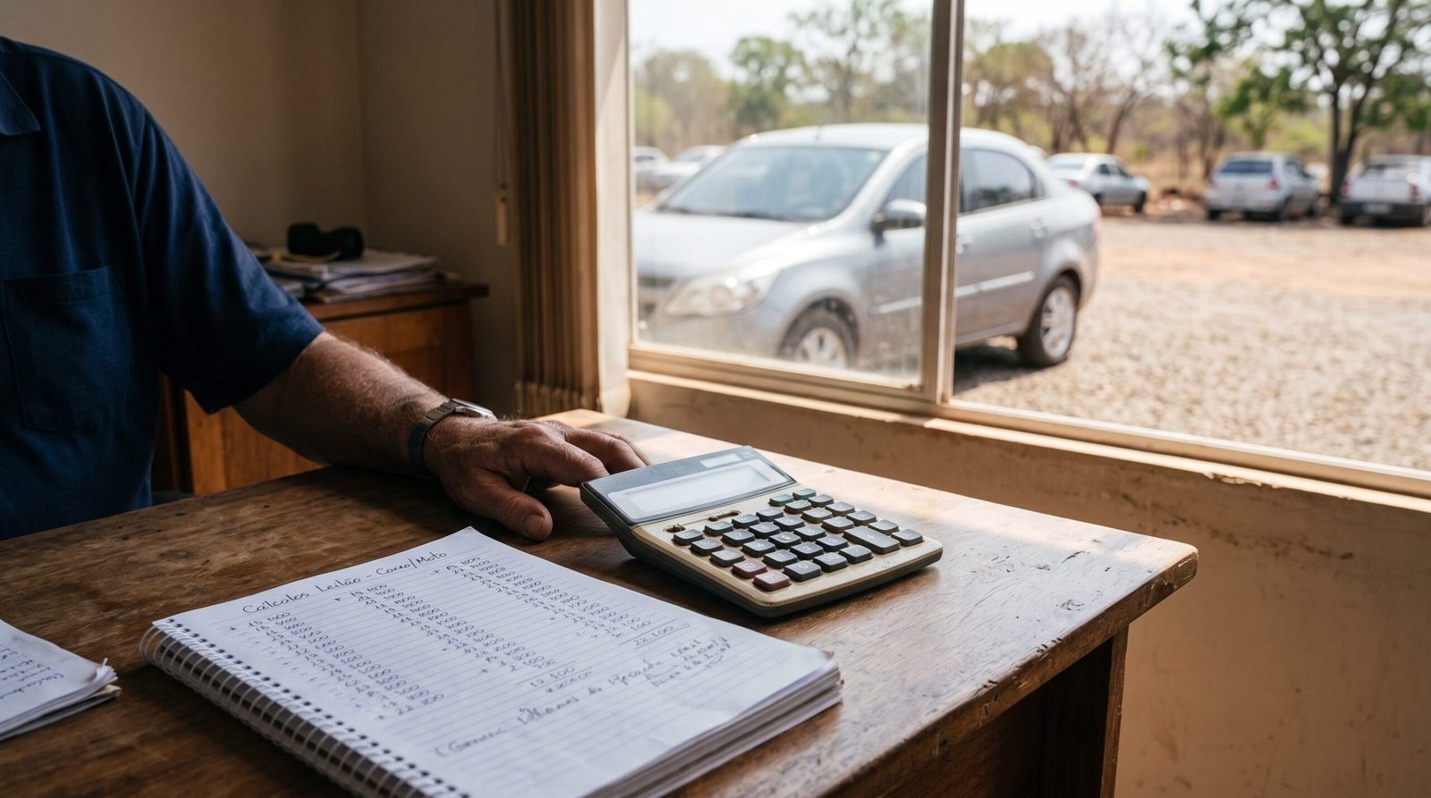 Calculadora e caderno de anotacoes sobre mesa com carro desfocado ao fundo