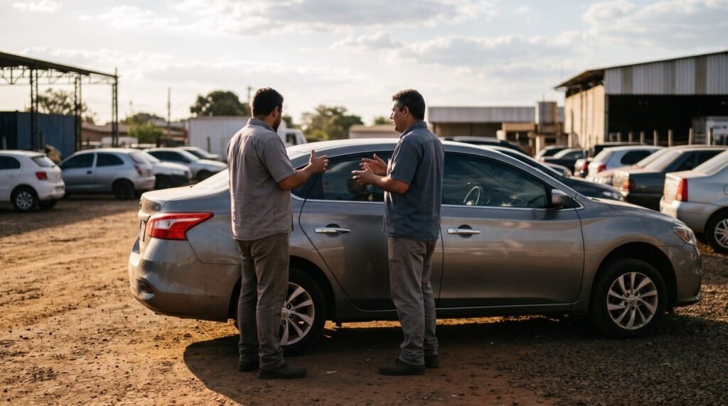 Duas pessoas conversando ao lado de um carro em patio de leilao