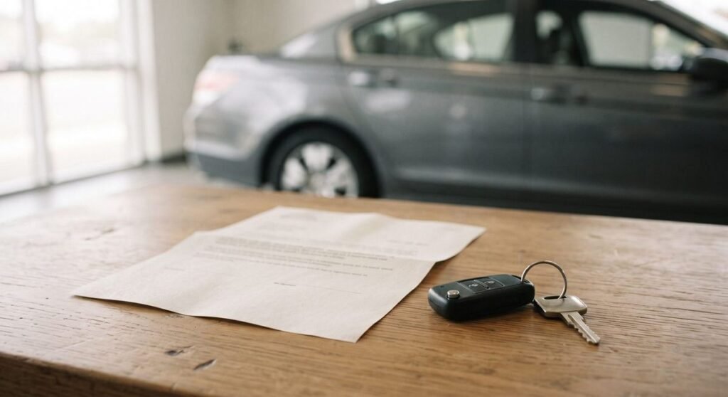 Documento de carta de crédito e chave de carro sobre mesa de madeira