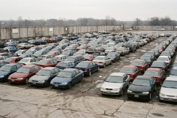 Pátio de apreensão do Detran com fileiras de carros usados