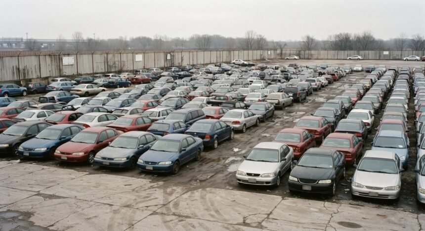 Pátio de apreensão do Detran com fileiras de carros usados