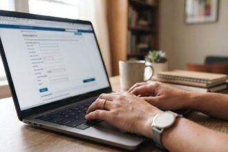 Pessoa preenchendo formulário de cadastro em laptop