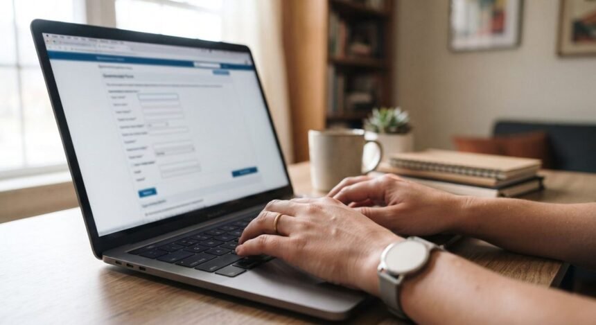Pessoa preenchendo formulário de cadastro em laptop
