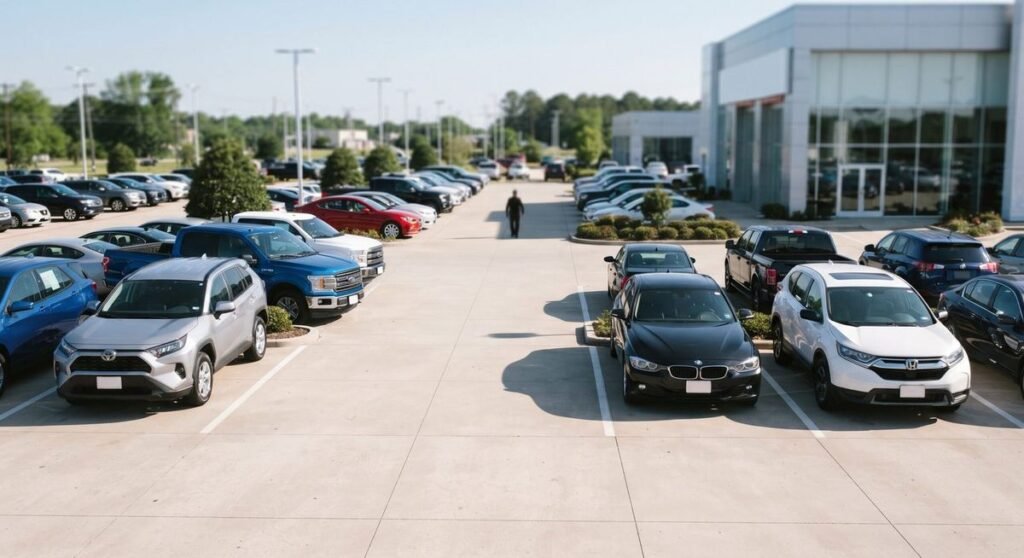 Pátio de concessionária com carros seminovos à venda