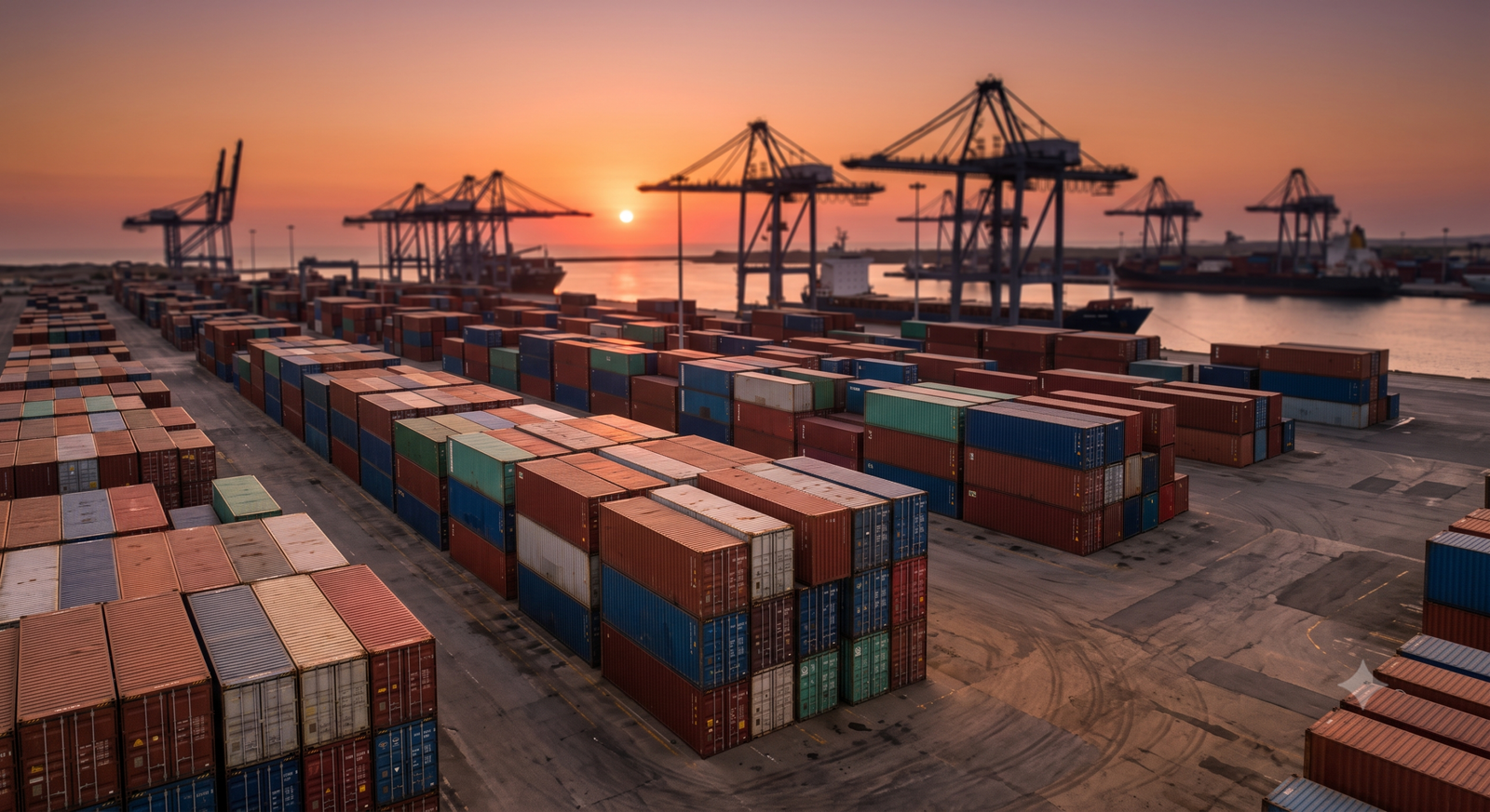 Leilão da receita federal no paraná: vista aérea de pátio portuário com contêineres empilhados e navios cargueiros ao fundo ao entardecer