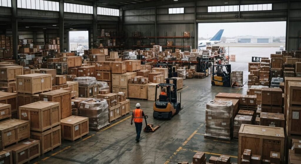 Armazém alfandegário próximo a aeroporto com caixas e paletes