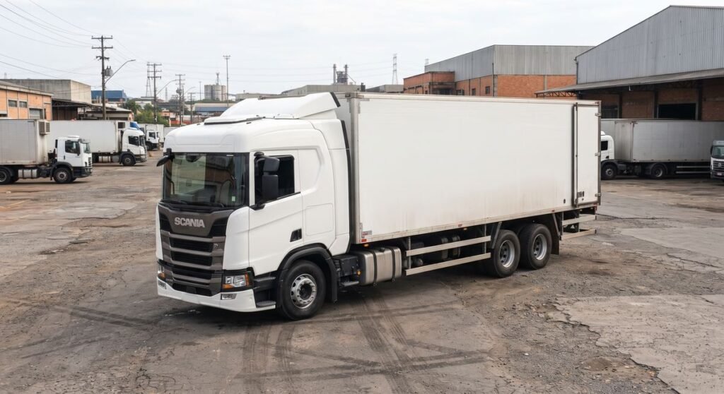 Carreta baú estacionada em pátio de leilão para transporte de carga seca