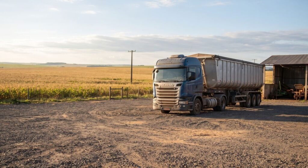 Carreta graneleira em pátio de leilão para transporte de grãos