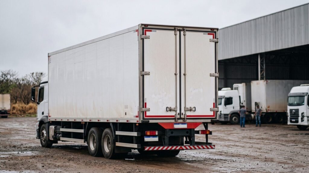 Carreta bau refrigerada branca estacionada em patio logistico
