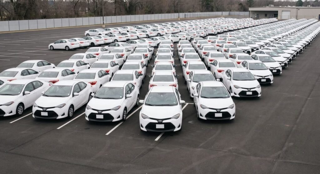 Fileiras de carros seminovos de locadora estacionados em pátio