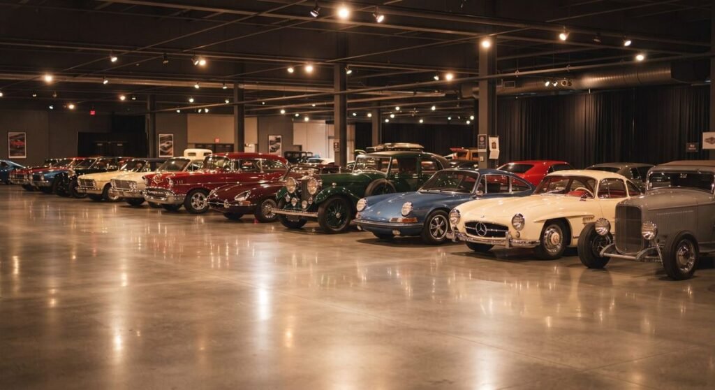 Carros antigos e de coleção expostos em salão fechado