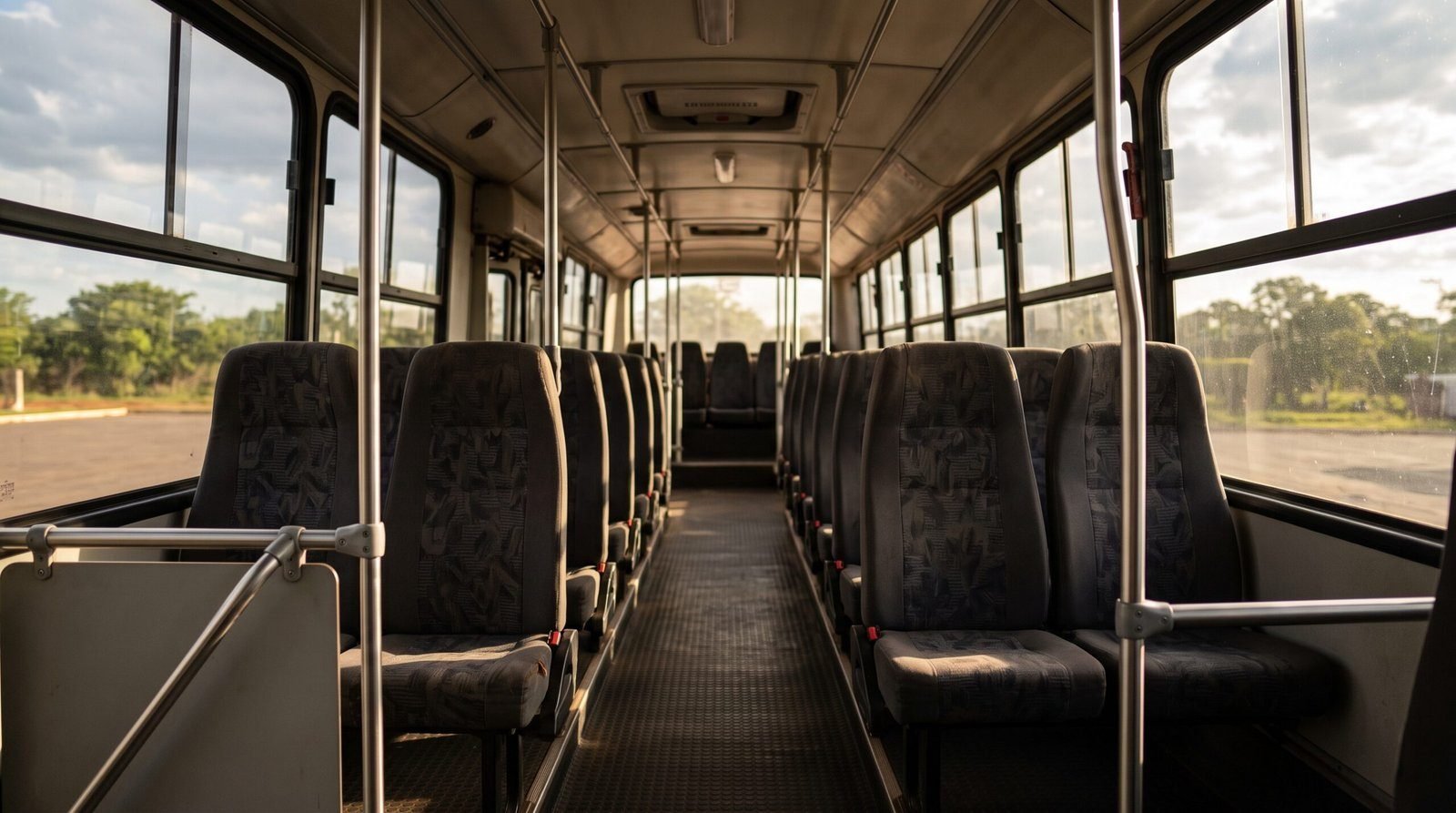 Interior de onibus vazio com fileiras de bancos