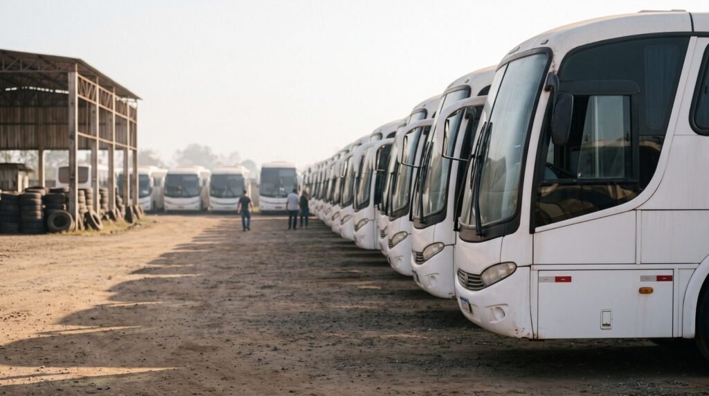 Patio com onibus rodoviarios brancos enfileirados pela manha