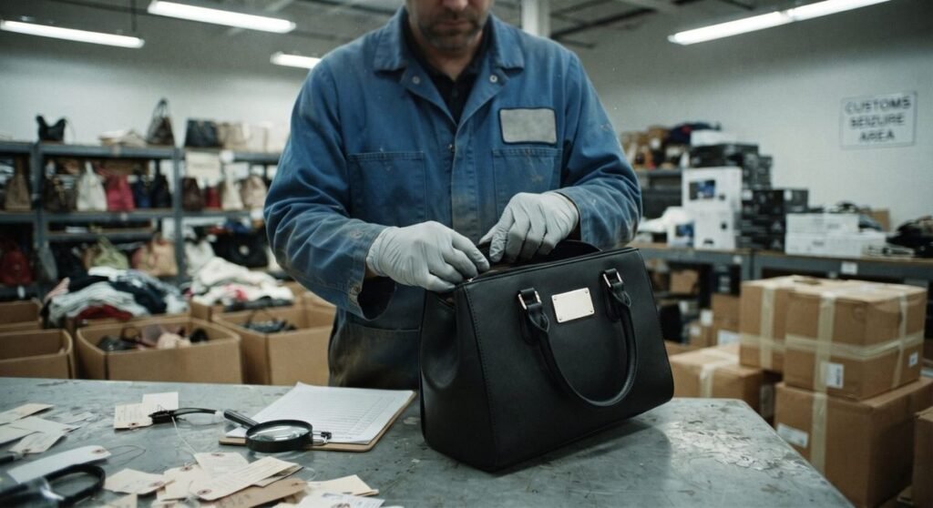 Fiscal da alfândega inspecionando bolsa apreendida