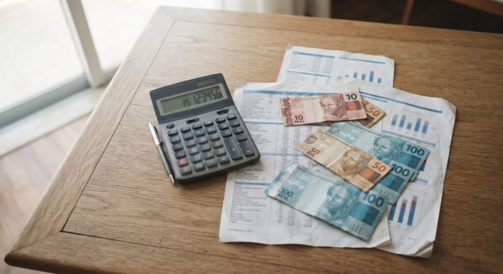 Calculadora e notas de real sobre planilha de custos