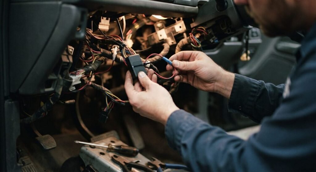 Técnico instalando rastreador veicular sob o painel do carro