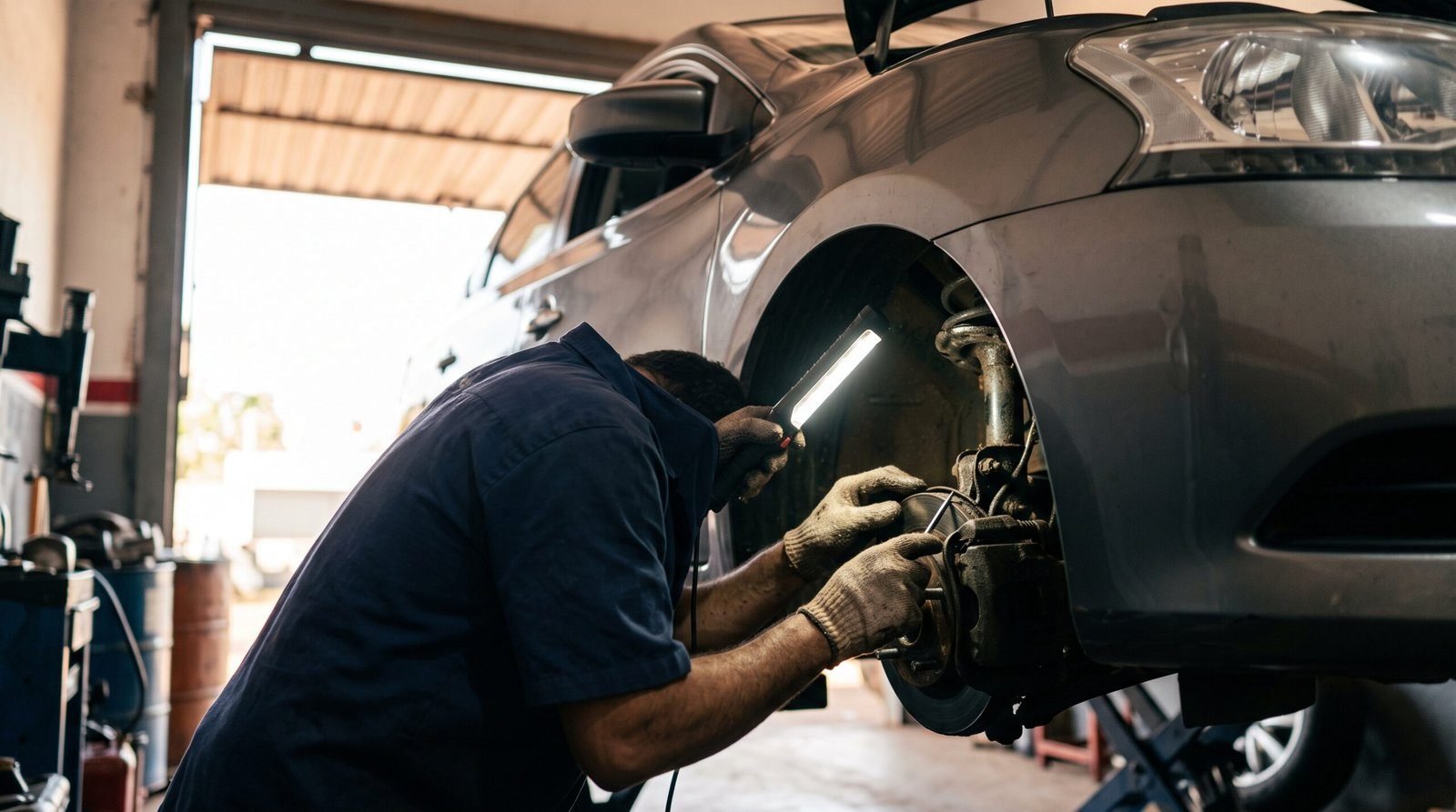 Mecânico inspecionando carro de leilão antes da vistoria de seguro ou proteção veicular