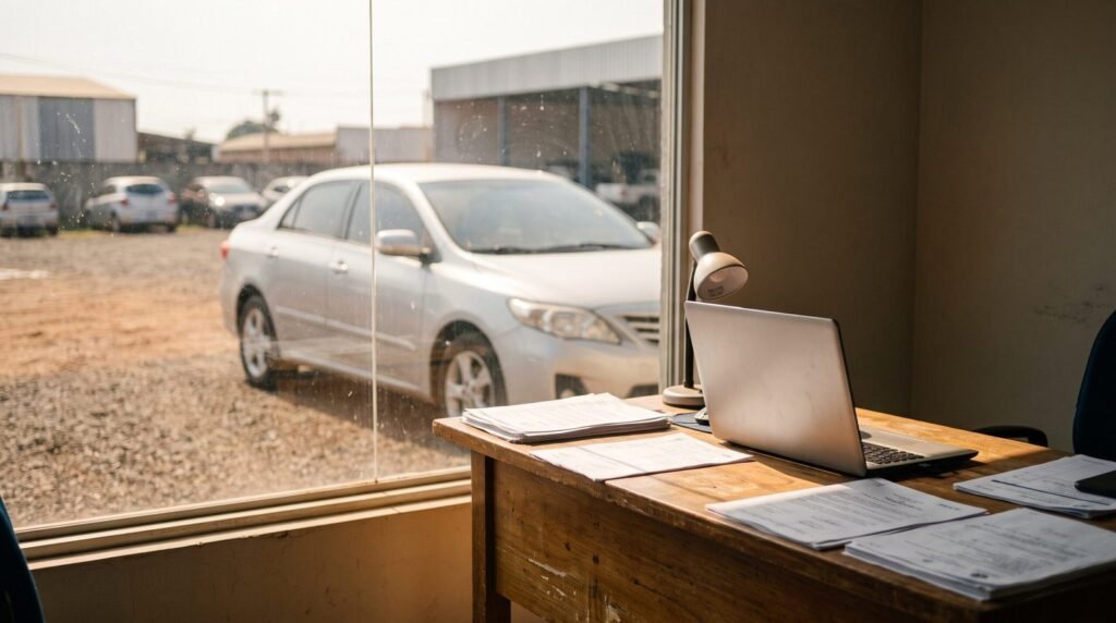 Escritorio de corretora de seguros com laptop e carro visivel ao fundo