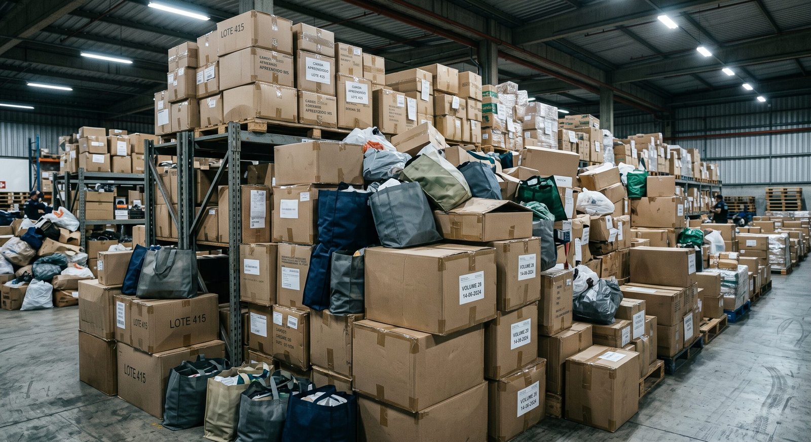 Caixas e sacolas empilhadas em deposito de mercadorias apreendidas