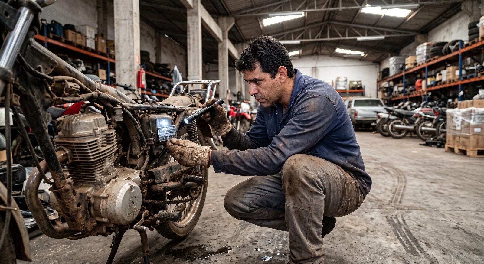Mecanico verificando chassi de motocicleta em galpao