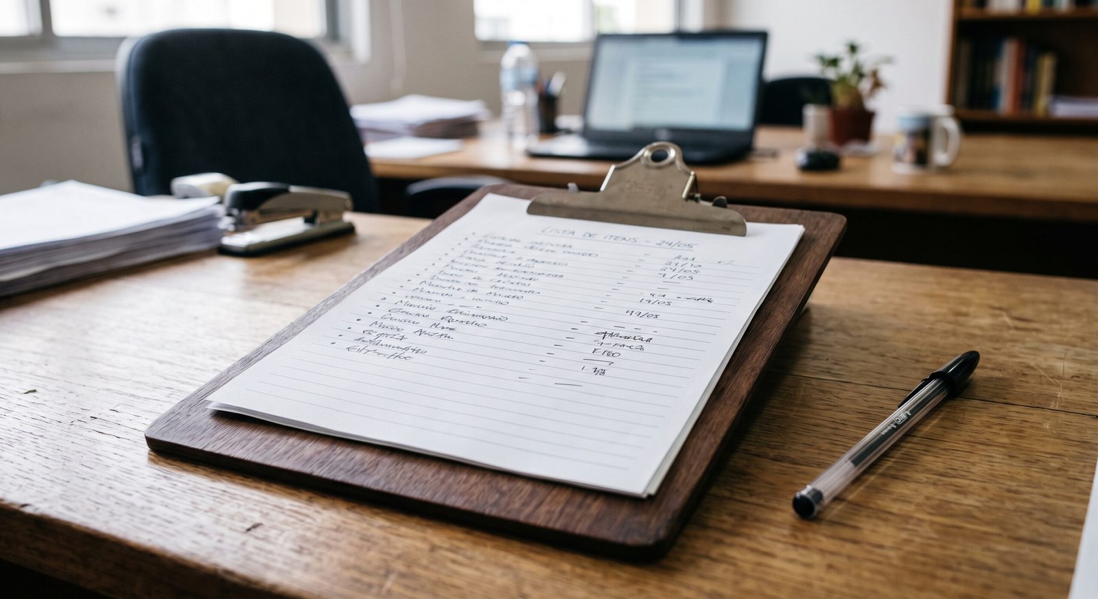 Prancheta com lista de itens sobre mesa de escritorio