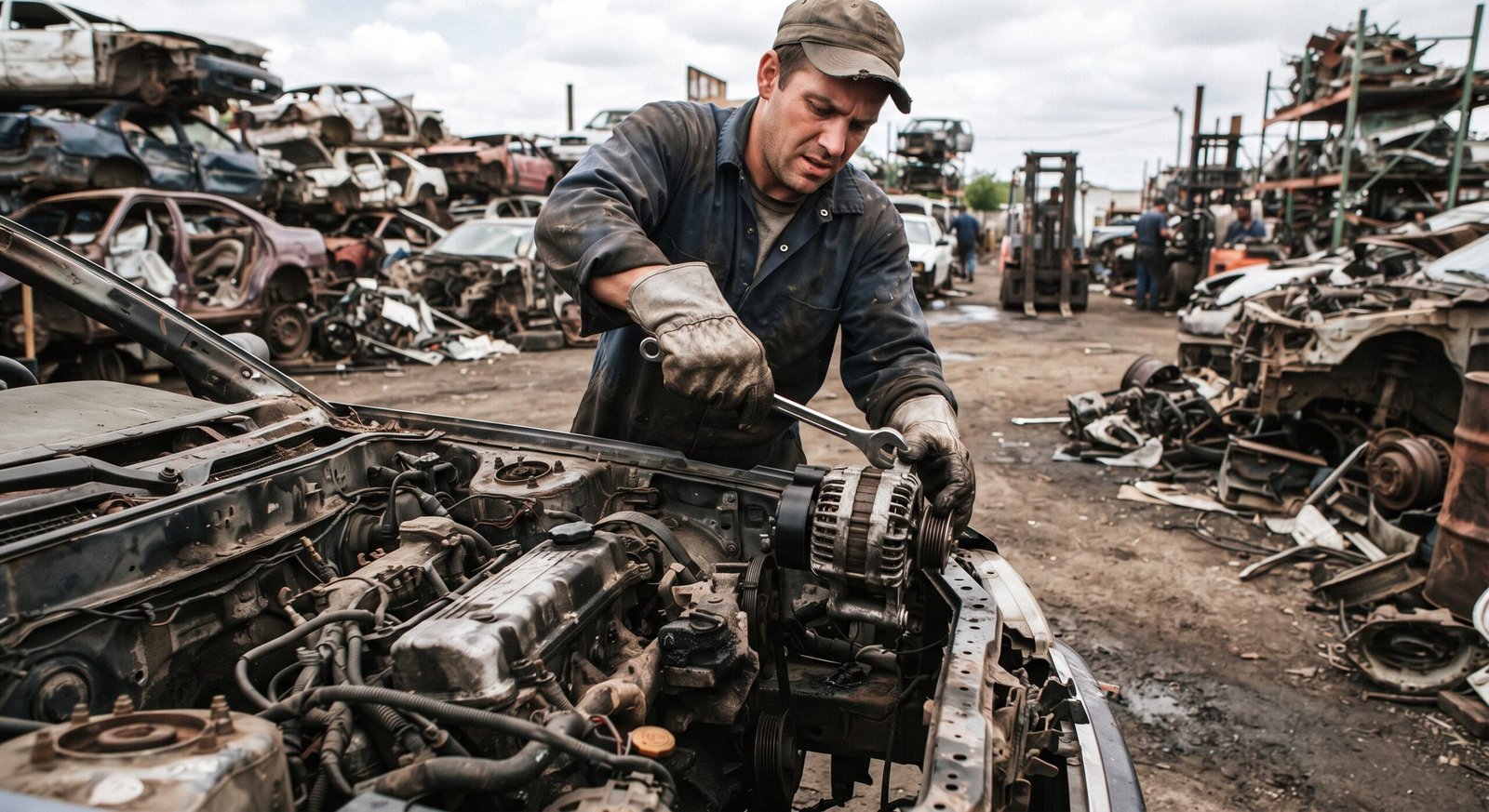 Trabalhador removendo componente de motor em desmanche