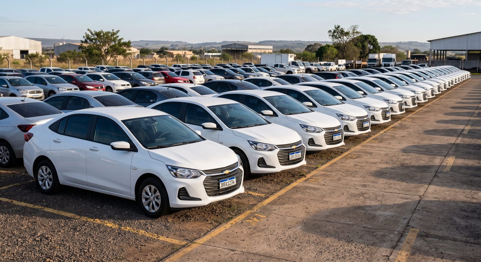 Fileira de carros brancos identicos estacionados em patio de locadora
