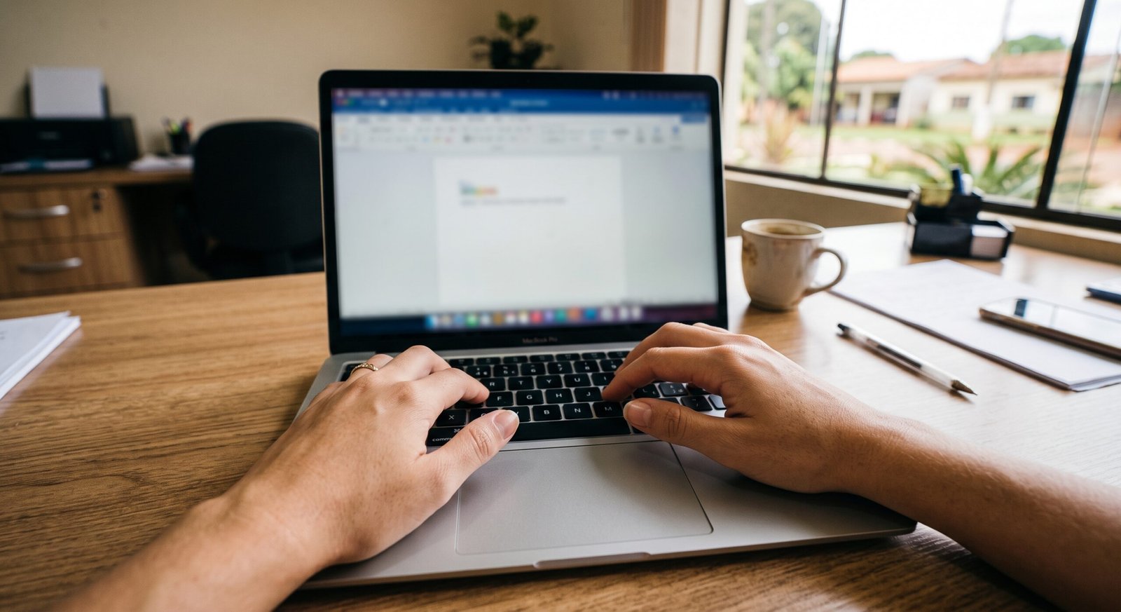 Maos digitando em notebook sobre mesa de escritorio