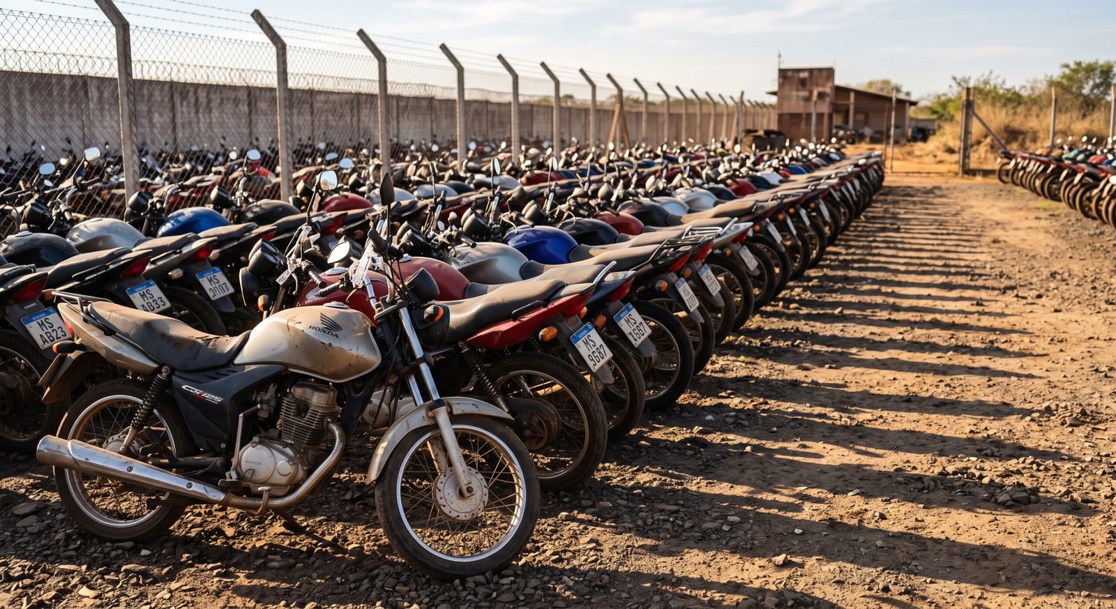 Motocicletas enfileiradas em patio de apreensao da Receita Federal