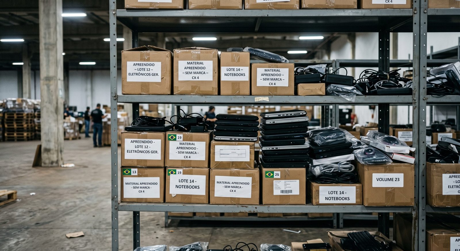 Prateleira com equipamentos eletronicos apreendidos em deposito da Receita Federal
